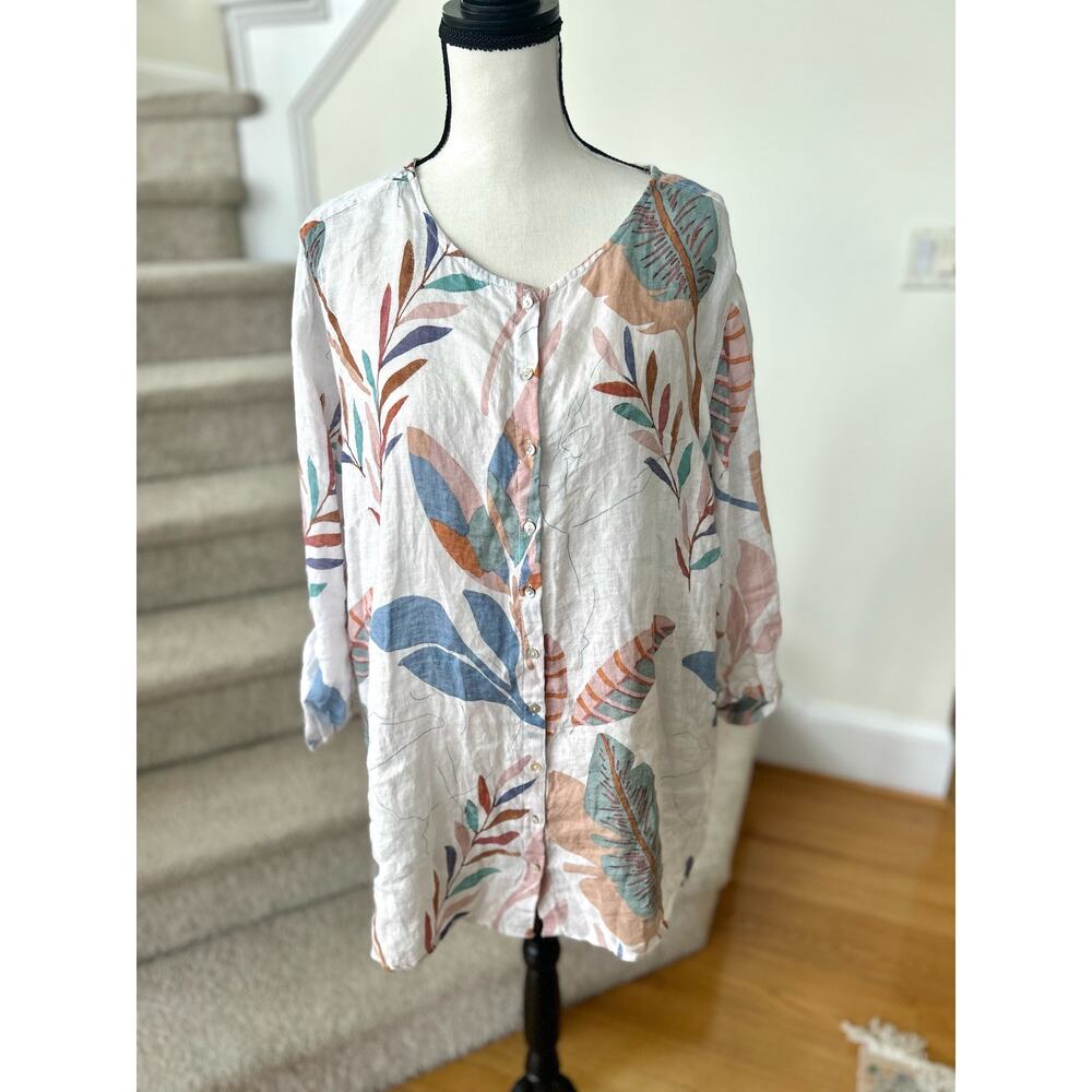 Cynthia Rowley Linen White & Neutral Leaf Button Front Shirt